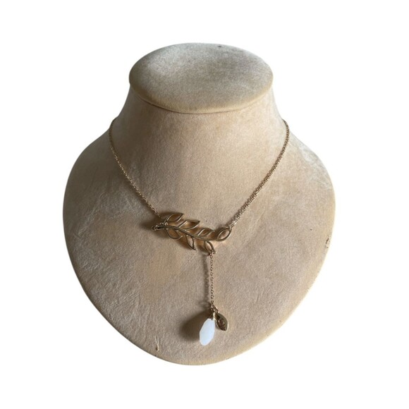 Bansri Gold Leaf Y Necklace with White Teardrop Pendant Layered Jewelry Design - Picture 1 of 3